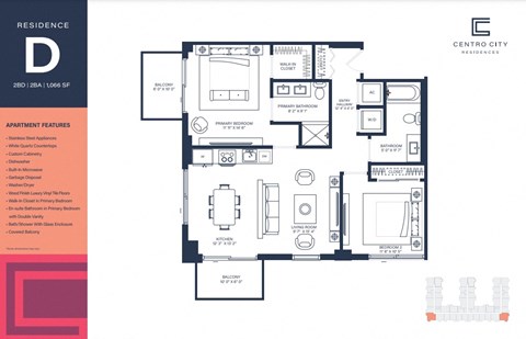 Floor plan for 2 beds, 2 baths, 1066 sqft